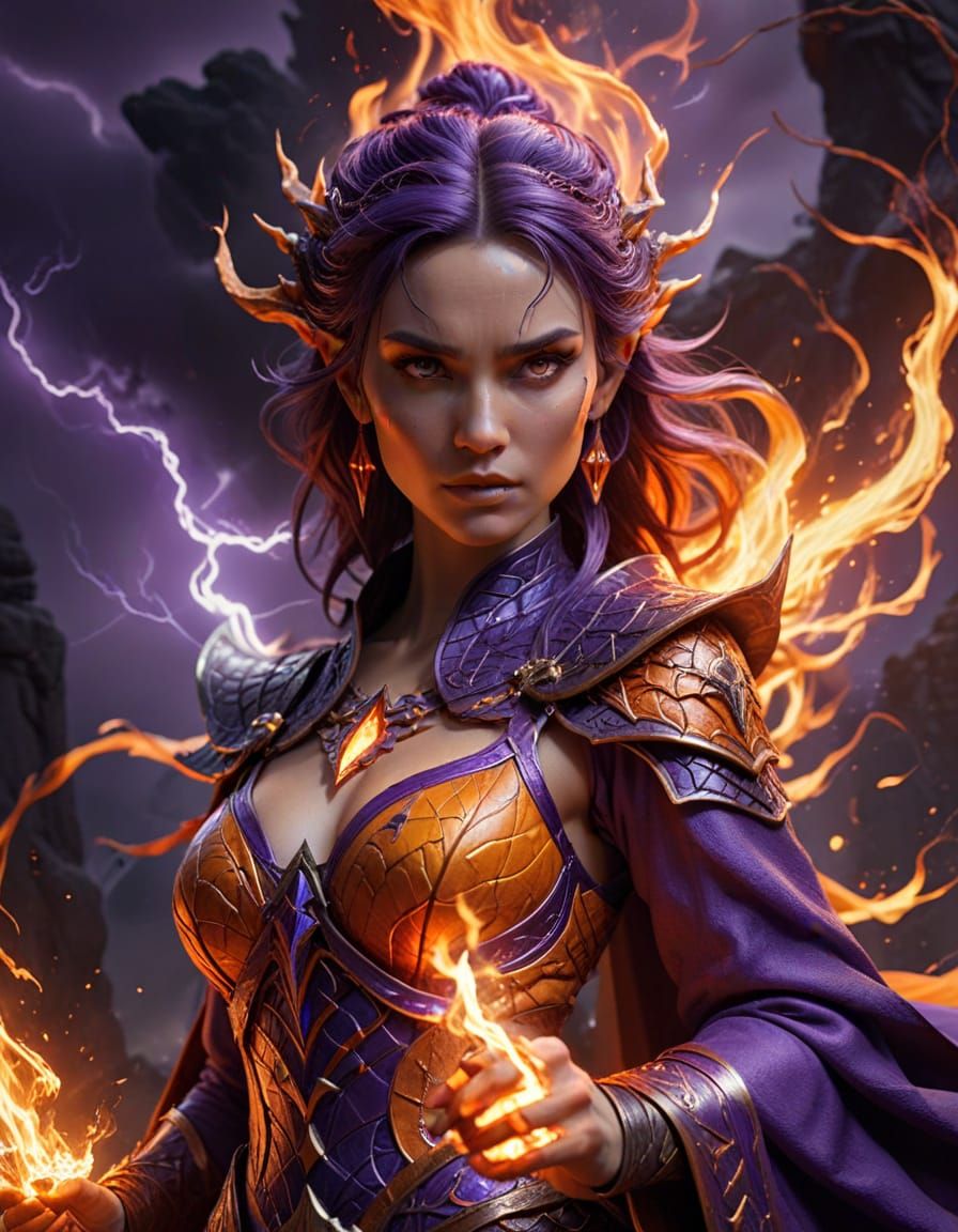 Fantasy Goddess of Dragons in Vibrant Purple and Orange Atti...