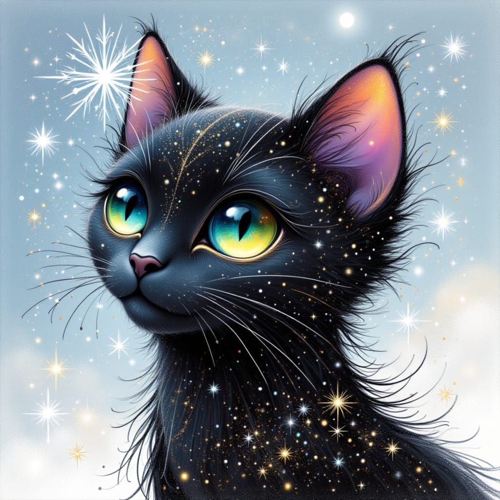 Black Cat Gazes at Snowflake in Vivid Pencil Drawing