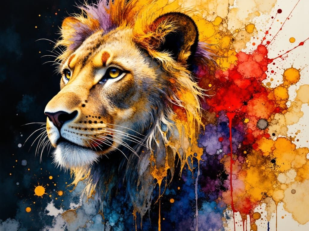 Majestic Lion Head Ink Splash Art