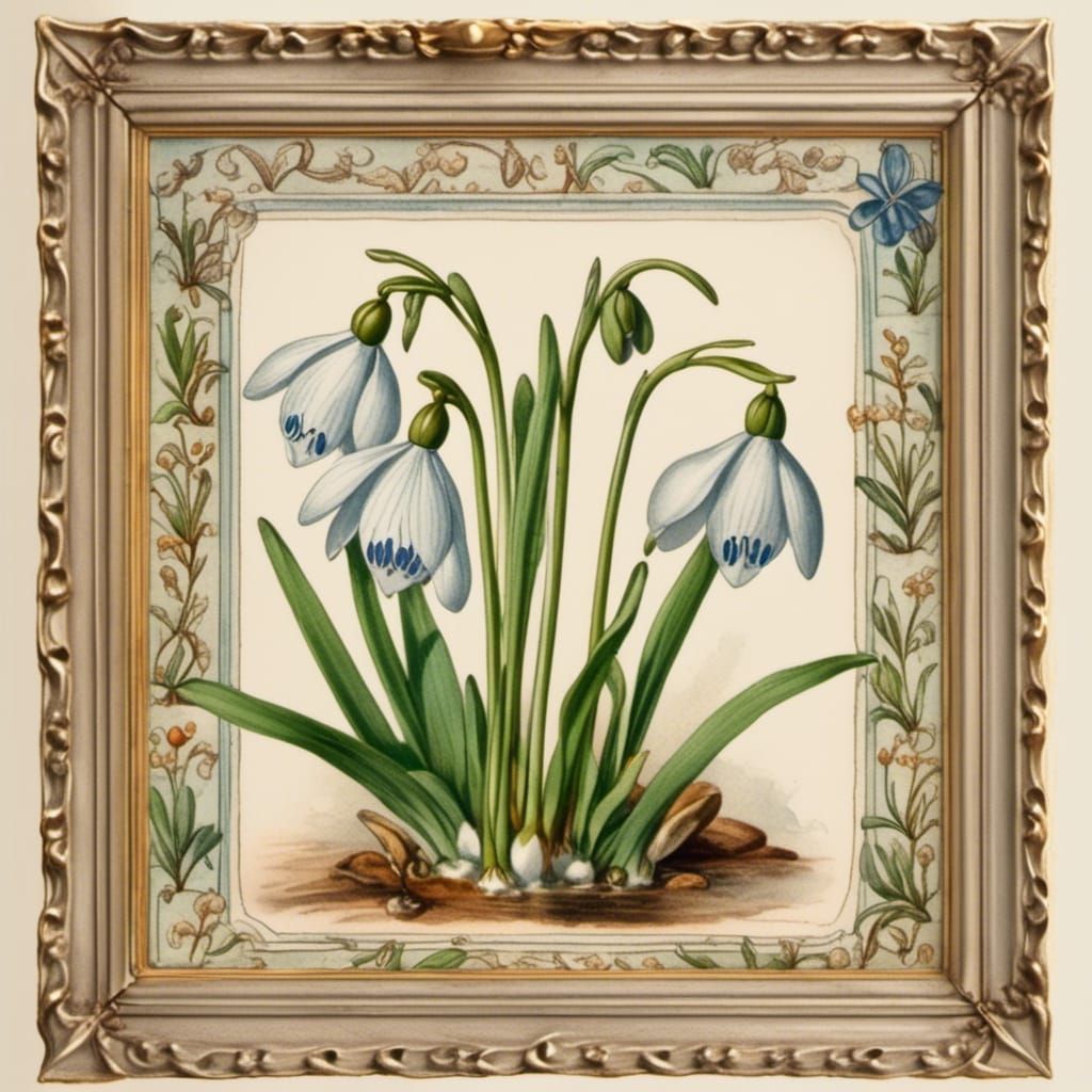 Antique Watercolor Botanical Chart of Snowdrop