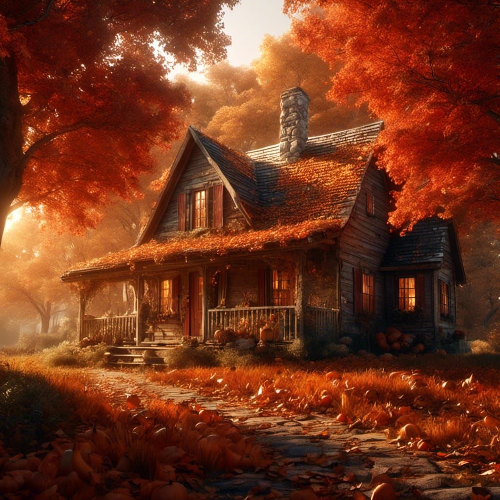 Quaint Autumn Cottage in Comic Book Style