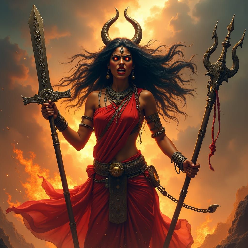 Fierce Goddess Kali in a Fiery Sky