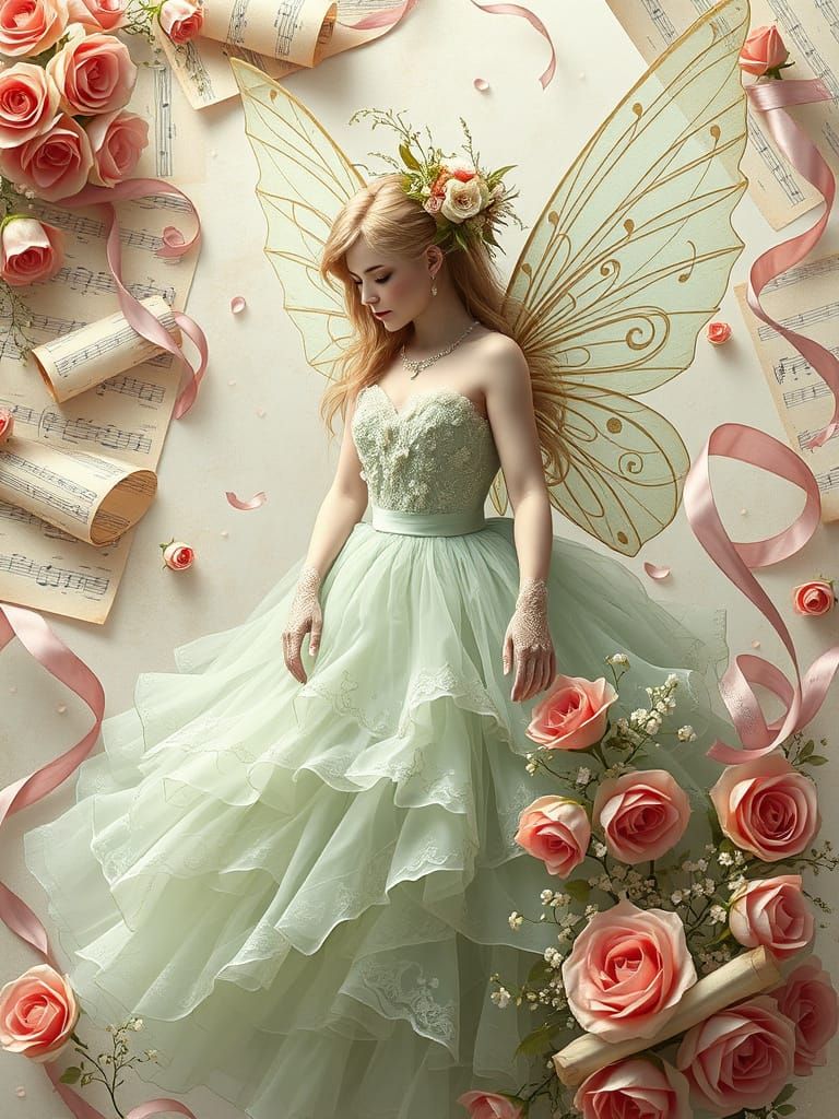 Enchanted Fairy in Tulle and Lace, amidst Music Paper Blooms