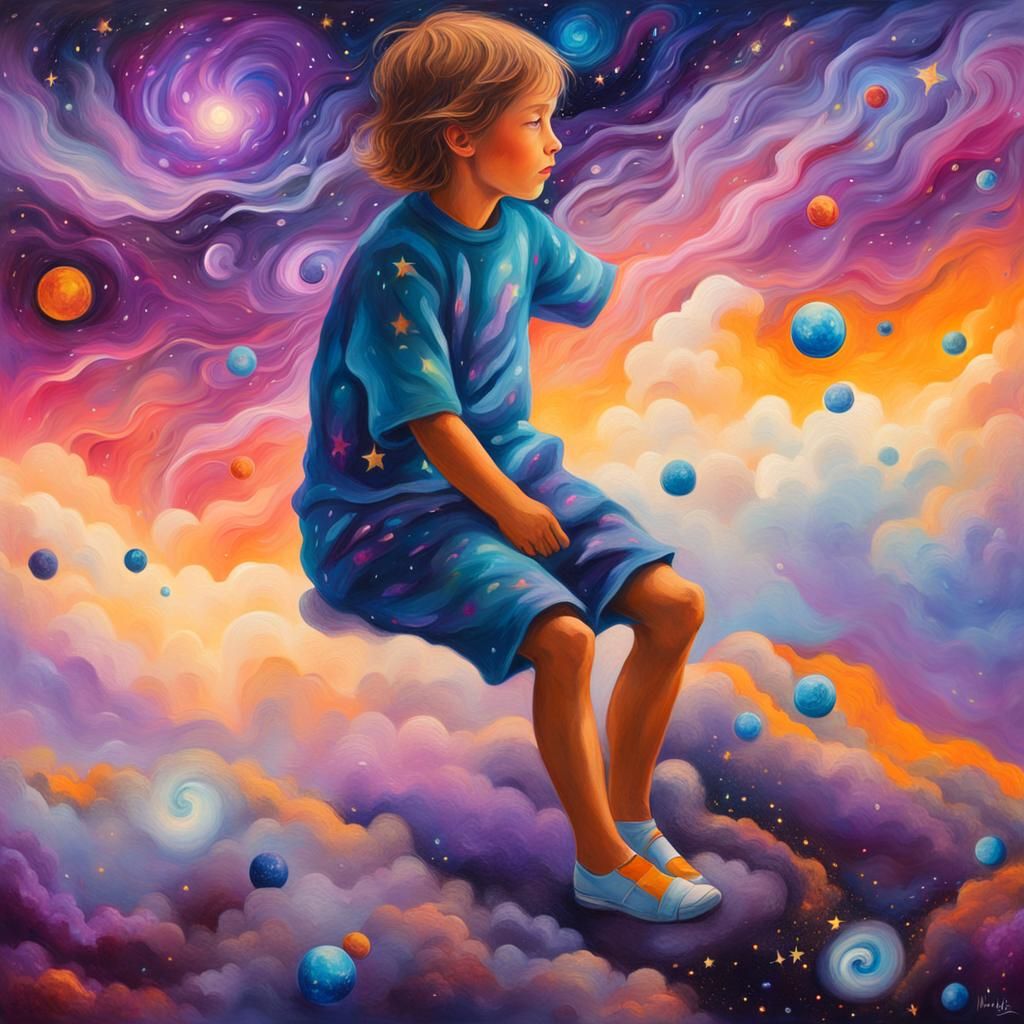 Child Gazes at Universe in Surreal Oil Painting