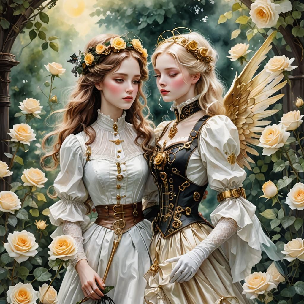 Steampunk Angel in Secret Garden: Watercolor Art