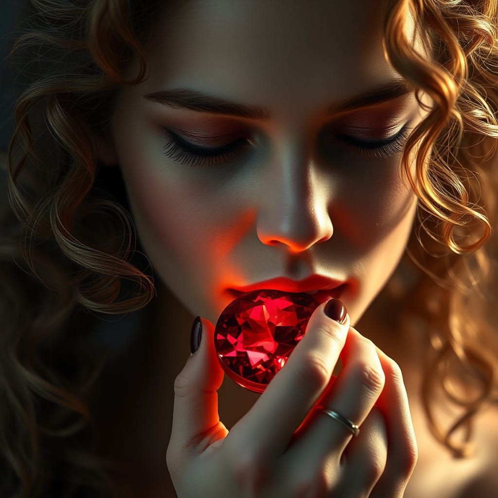Ethereal Woman Holds a Vibrant Garnet Gemstone