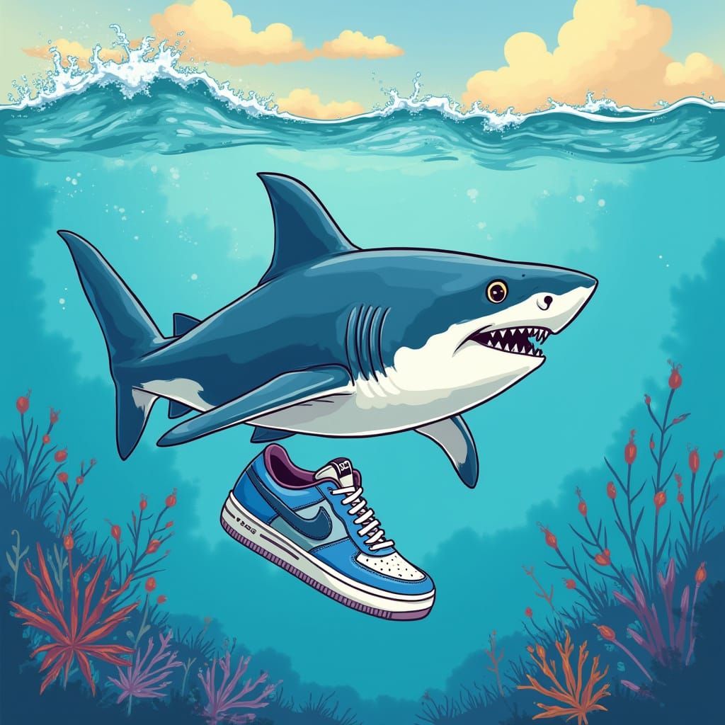 Shark with Blue Nikes in Lowbrow Art Style