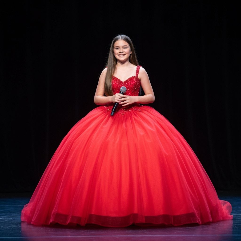 a very tall young skinny petite tween 2nd grade with long straight brown hair wearing a large 150000000 foot wide long f...