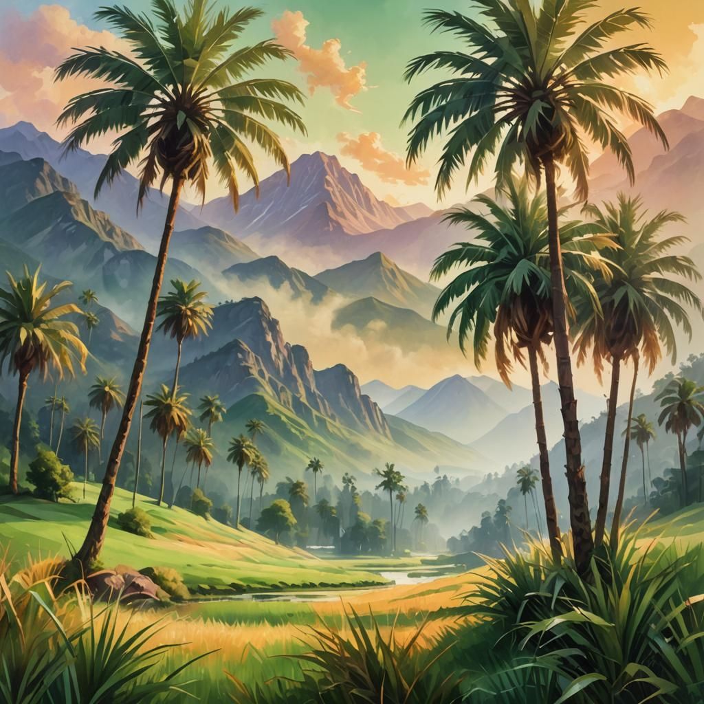 Lively Valley: Mountains and Palms in Golden Light