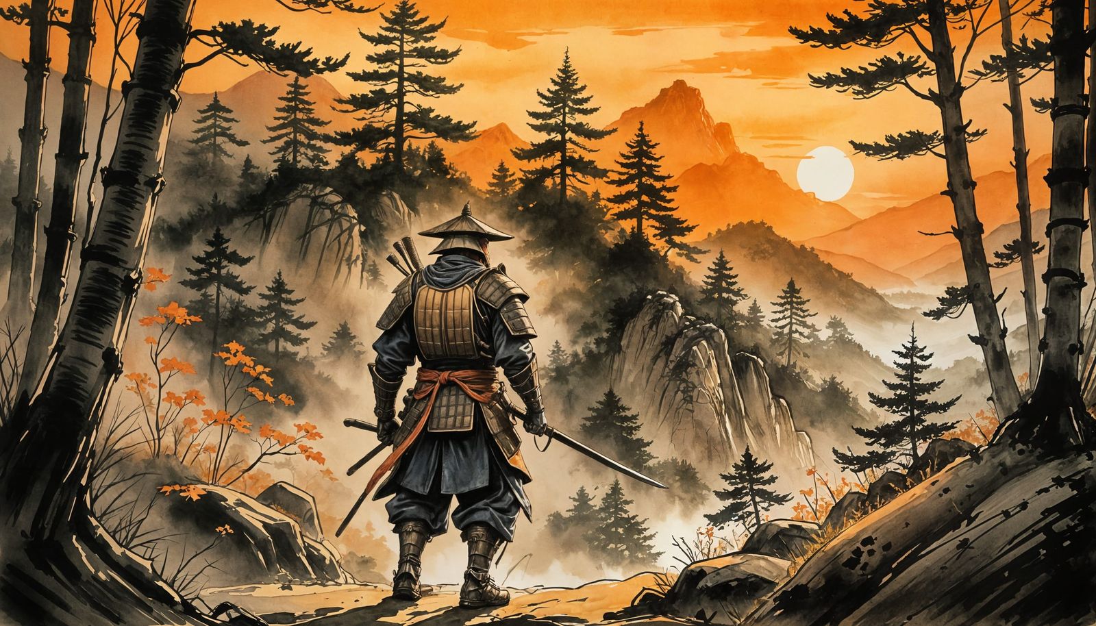 Ronin in Forested Mountains at Sunset, Ink and Wash