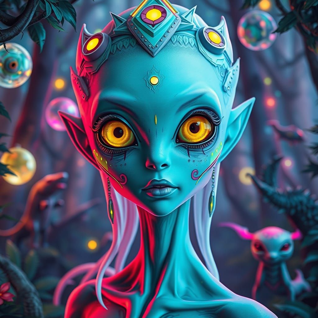 Surreal Alien Goddess in Neon Forest