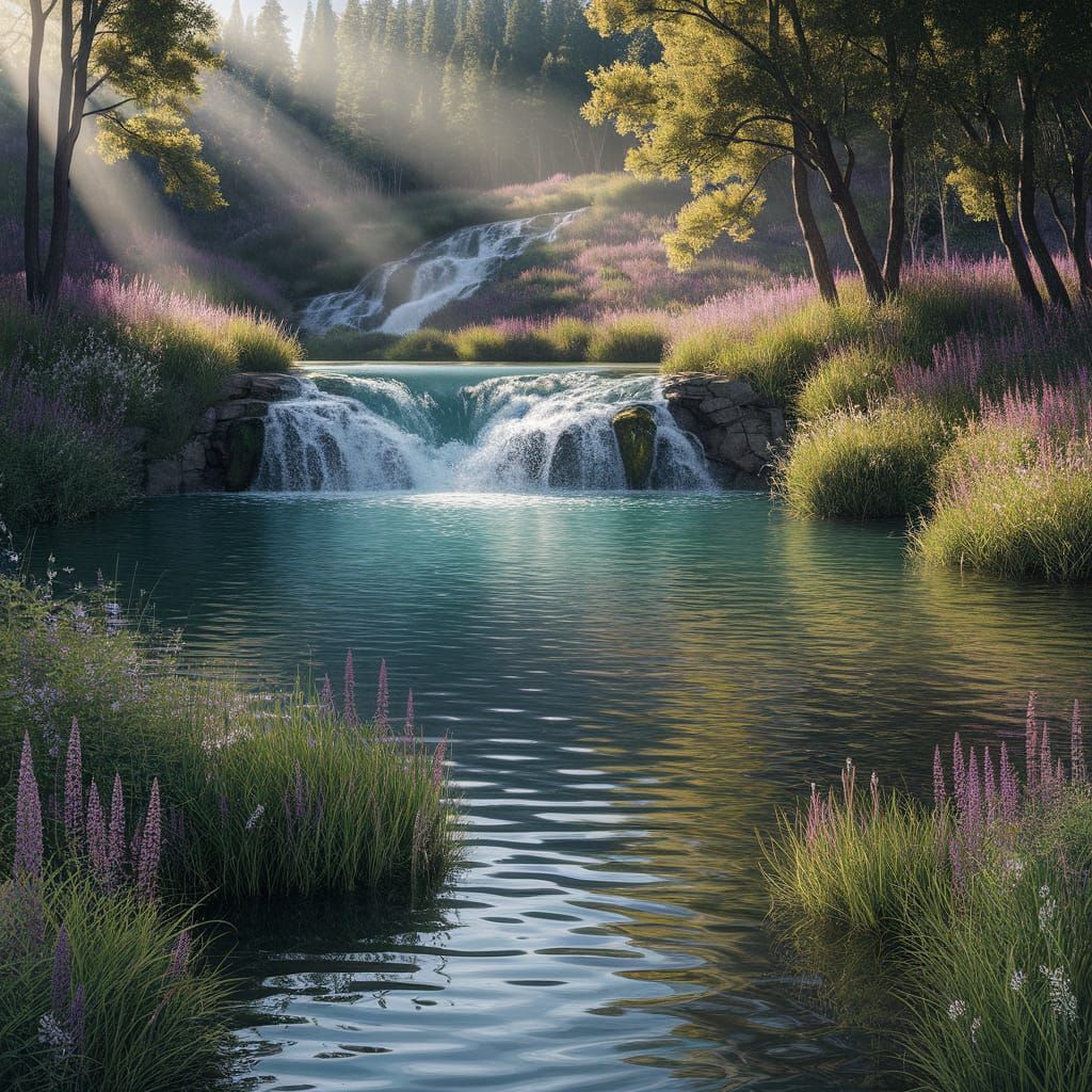 Tranquil Waterfall Landscape in Oil Painting Style
