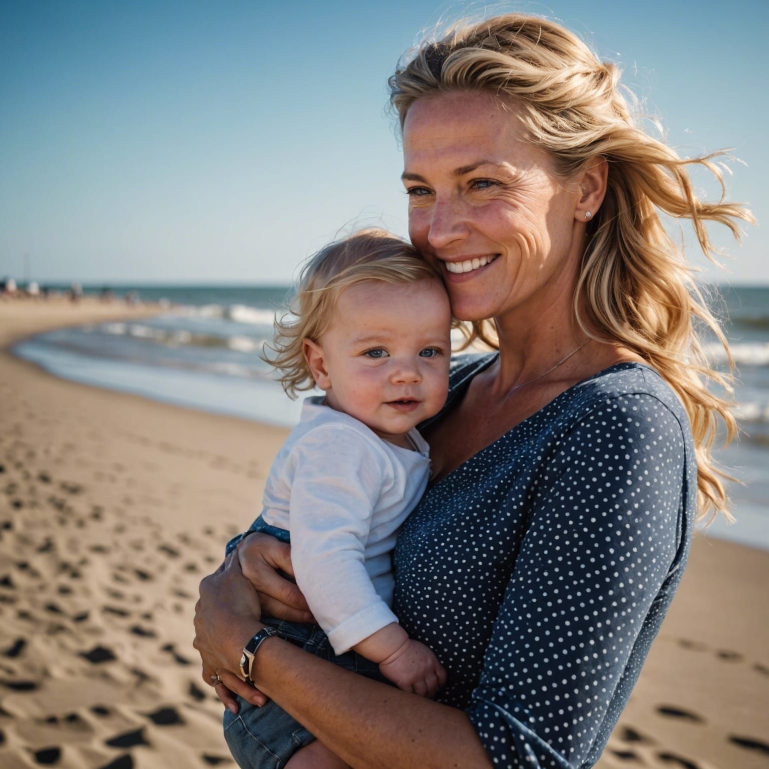 Happy Dutch Mother and Baby on North Sea Beach