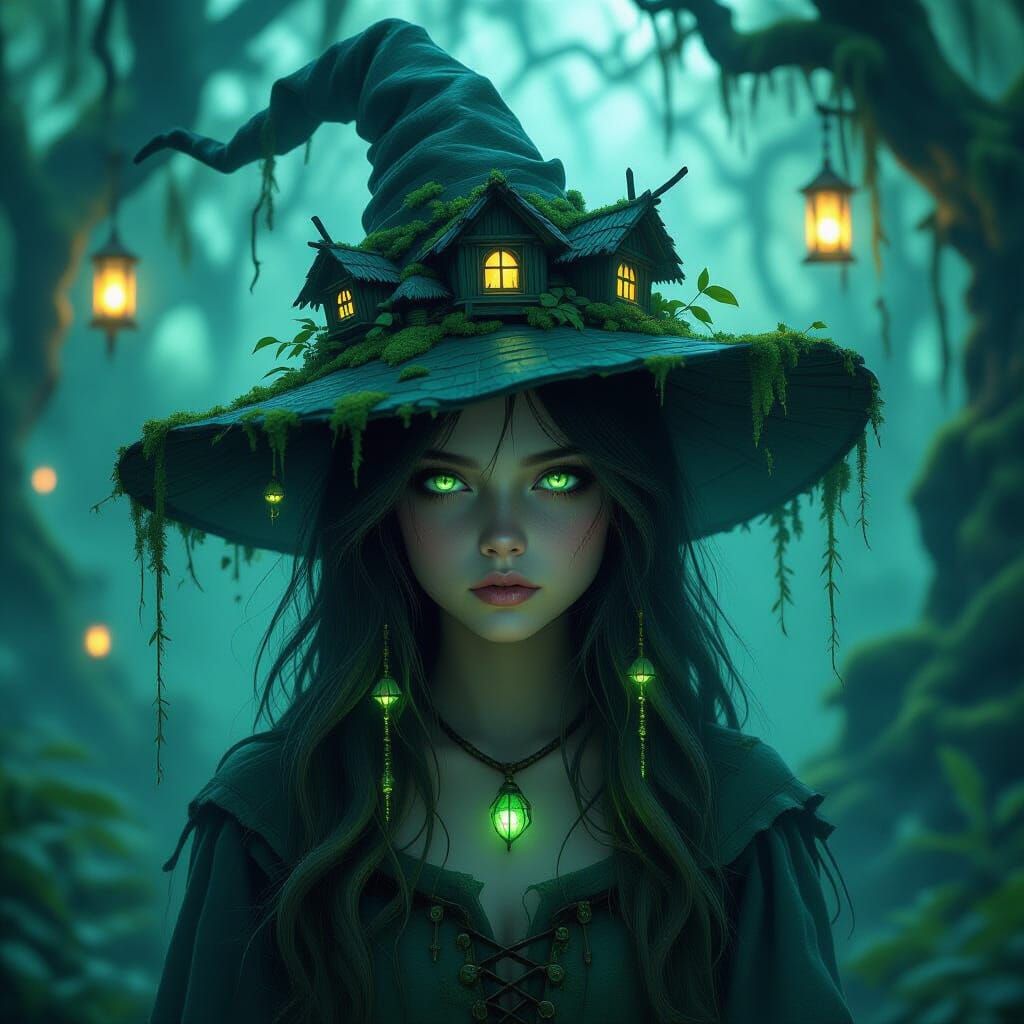 Enchanted Swamp Spirit Girl with Glowing Eyes