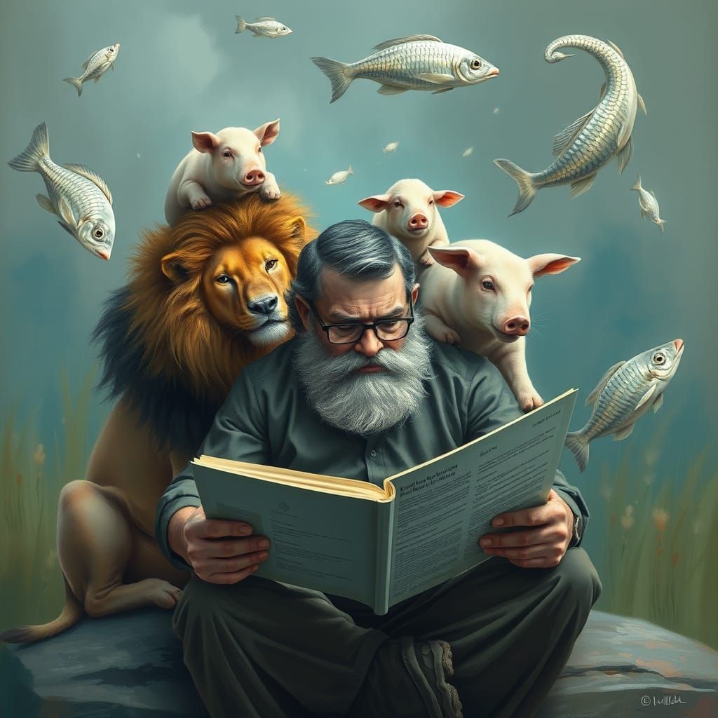 Man Reading with Animals in Monet Impressionist Style
