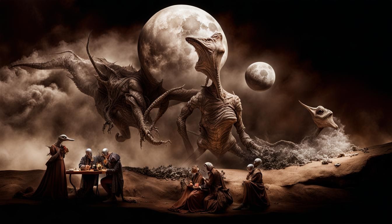 Surreal Alien Restaurant Celebration in Gritty Detail