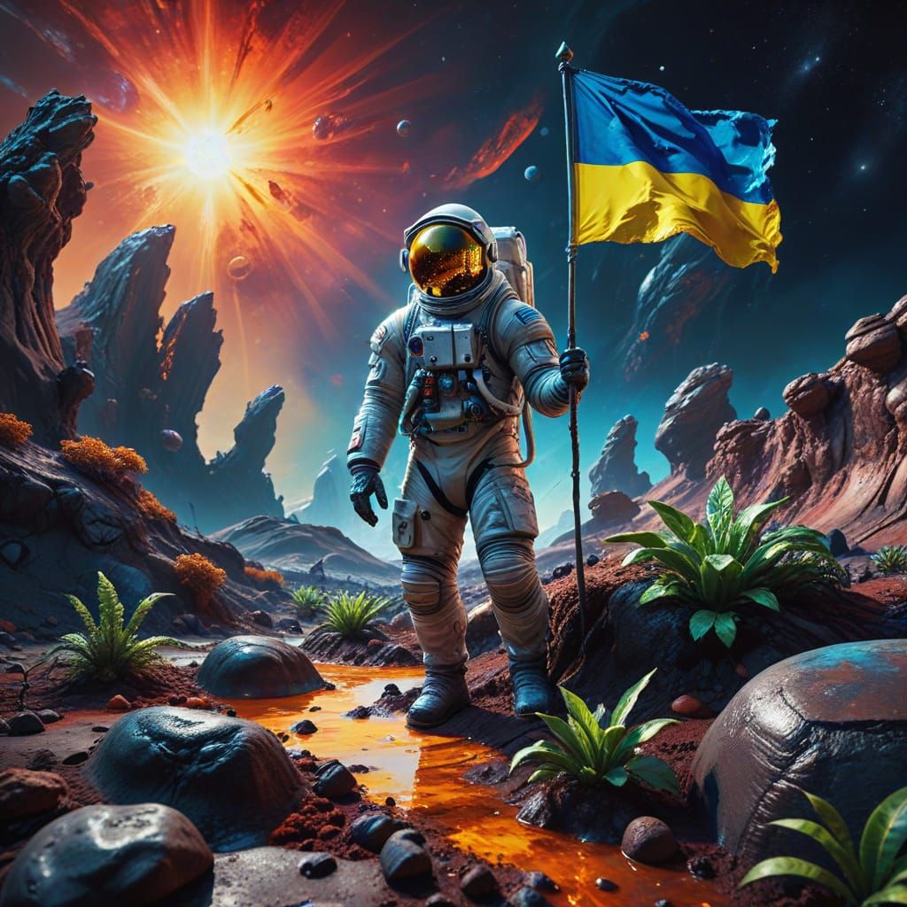 Astronaut Plants Ukrainian Flag on Surreal Alien Planet in V...