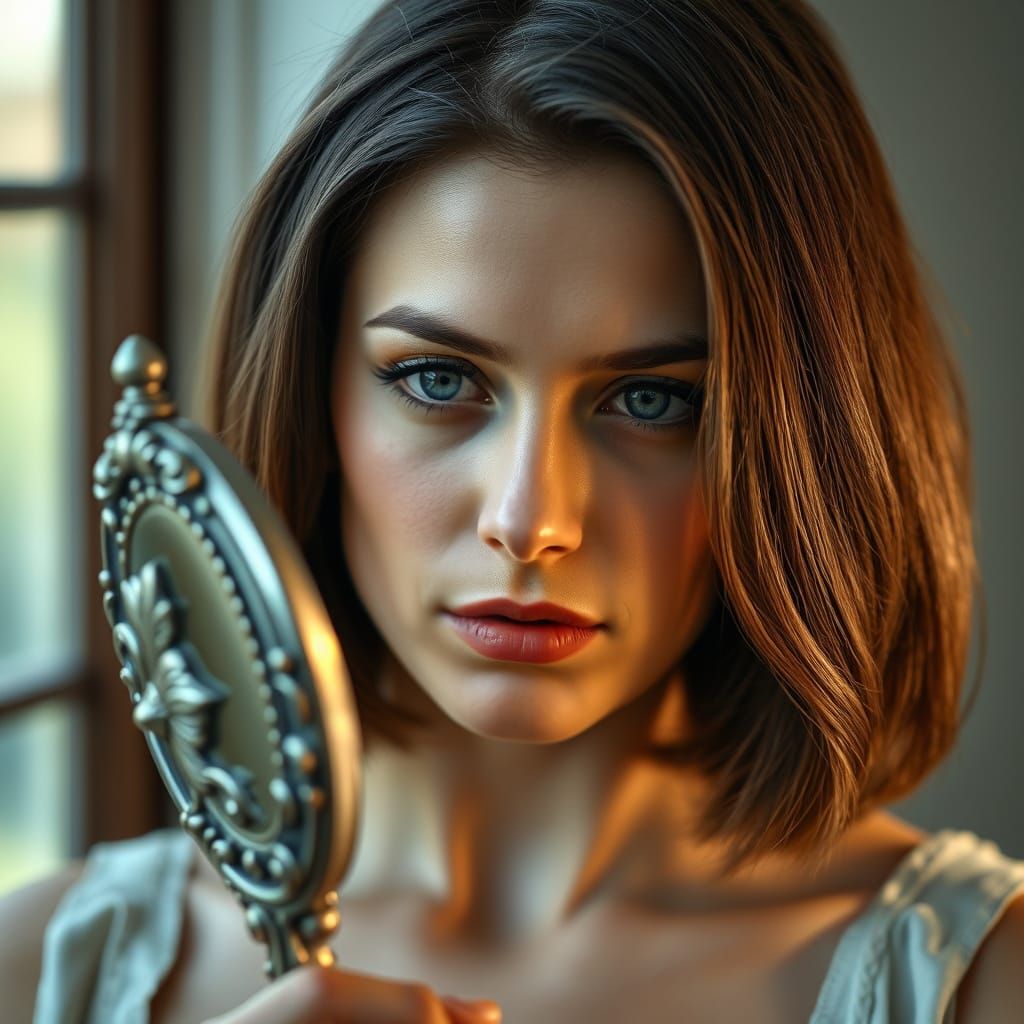 Photorealistic Woman Gazes Into Antique Mirror