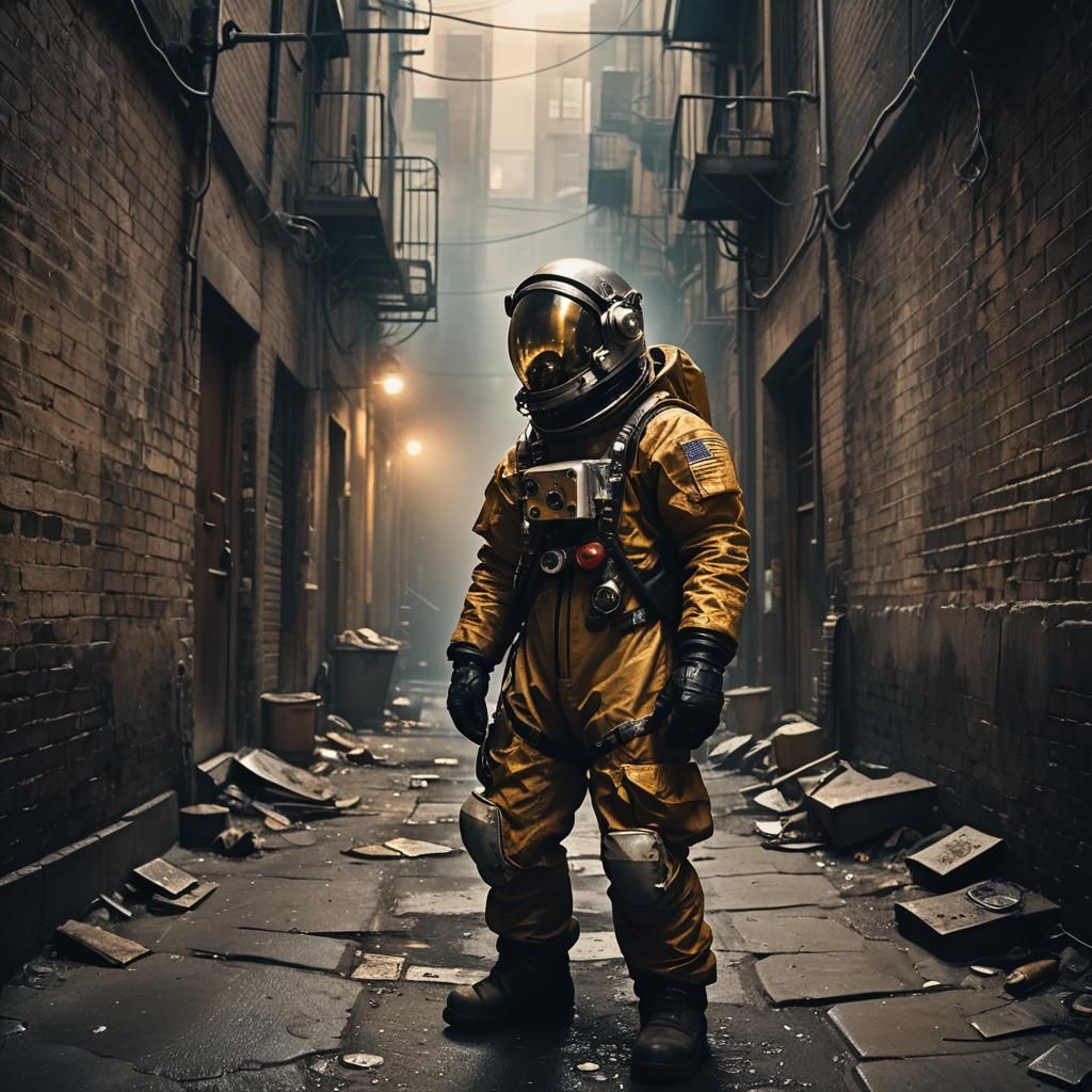 Beggar Astronaut in Grimy Alleyway: Cinematic Film Still