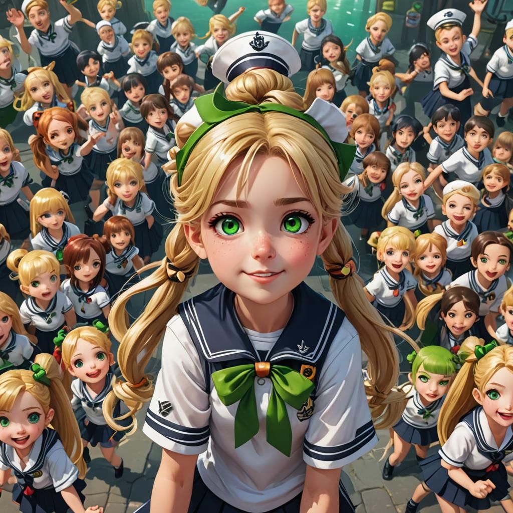 Mischievous Girl Surrounded by Chibi Versions in Detailed Pa...