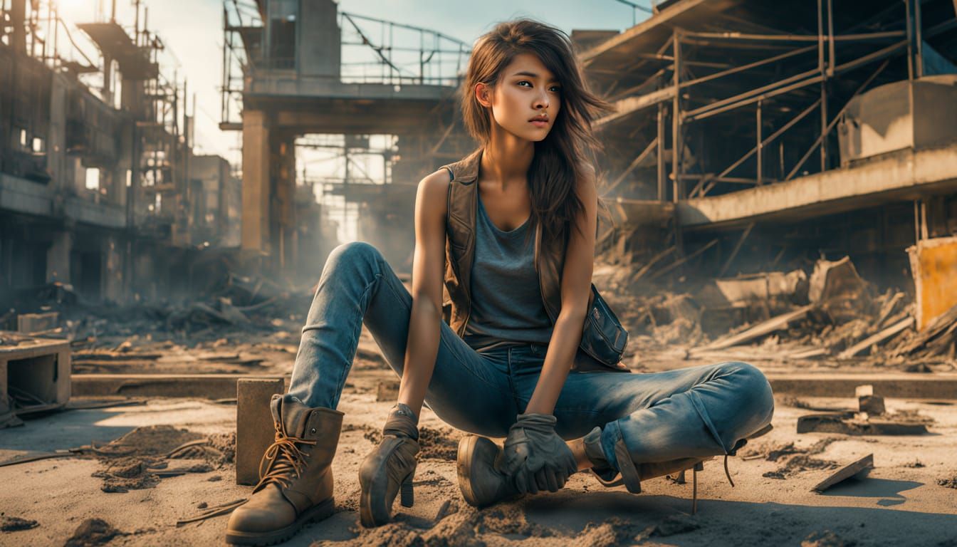Serene Laborer in a Vibrant Industrial Landscape