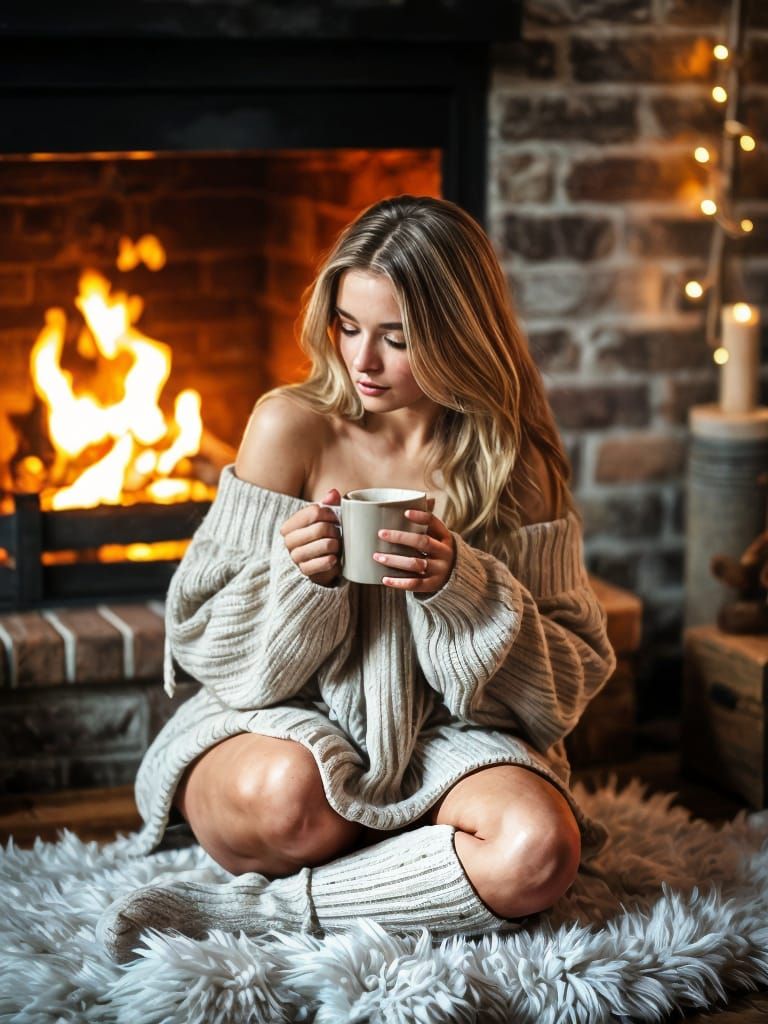 Cozy seen by the fire, she's enjoying a hot cocoa