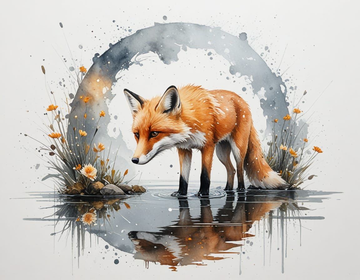 Moonlit Fox Paints Constellations on Glass Lake