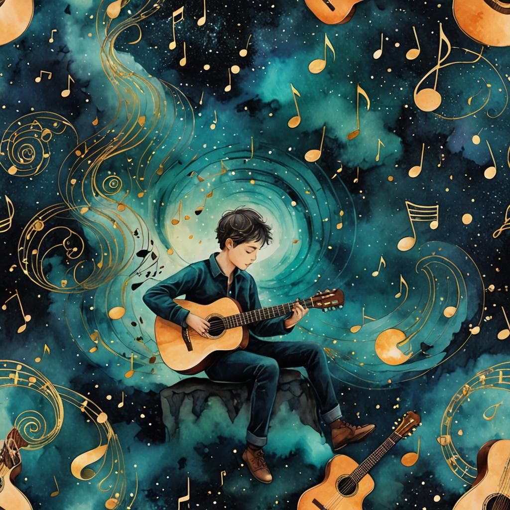 Dreamy Watercolor Guitarist in Night Sky