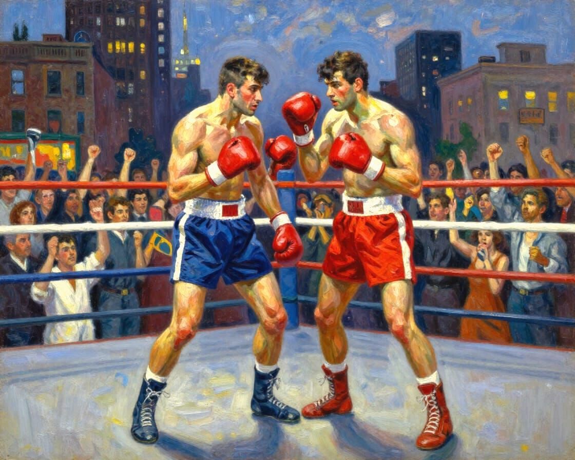 Street Boxing Match Oil Painting in Urban Setting