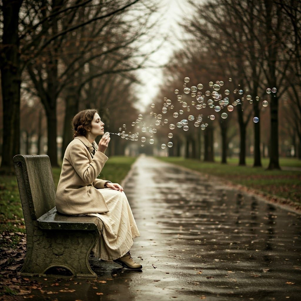Melancholy Woman Blowing Bubbles in Victorian Park