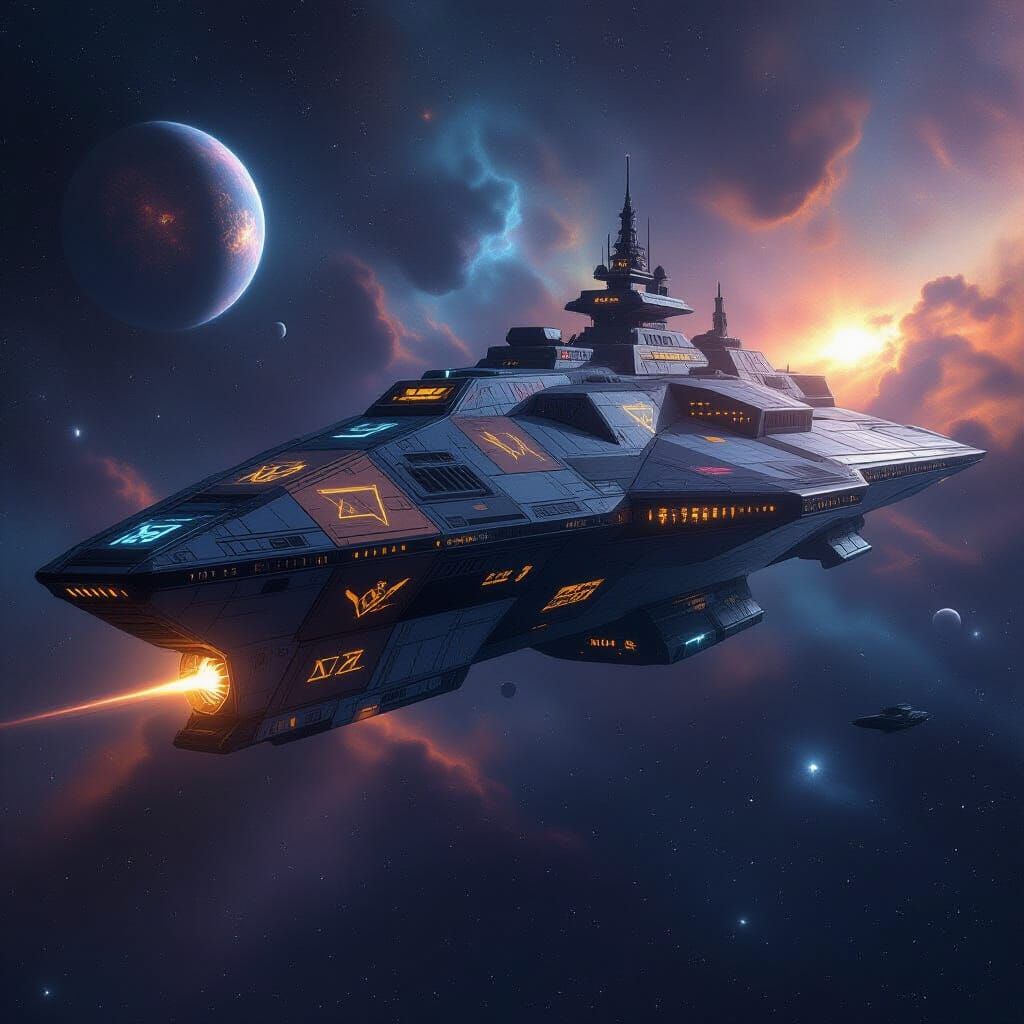 Colossal Patchwork Starship Drifting Through Deep Space