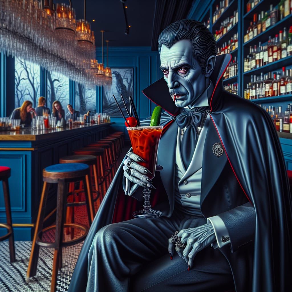 Bela Lugosi's Graf Dracula, sitting on a Barchair in a moder...