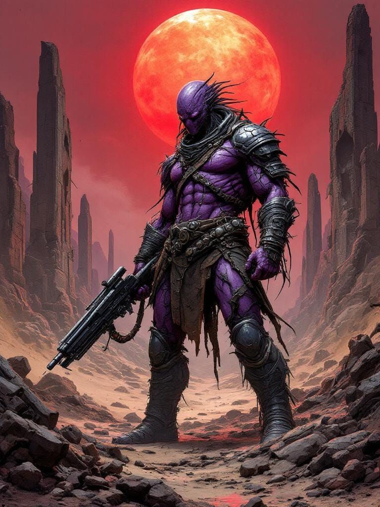 Alien Warrior on Desolate Planet in Dark Fantasy Style