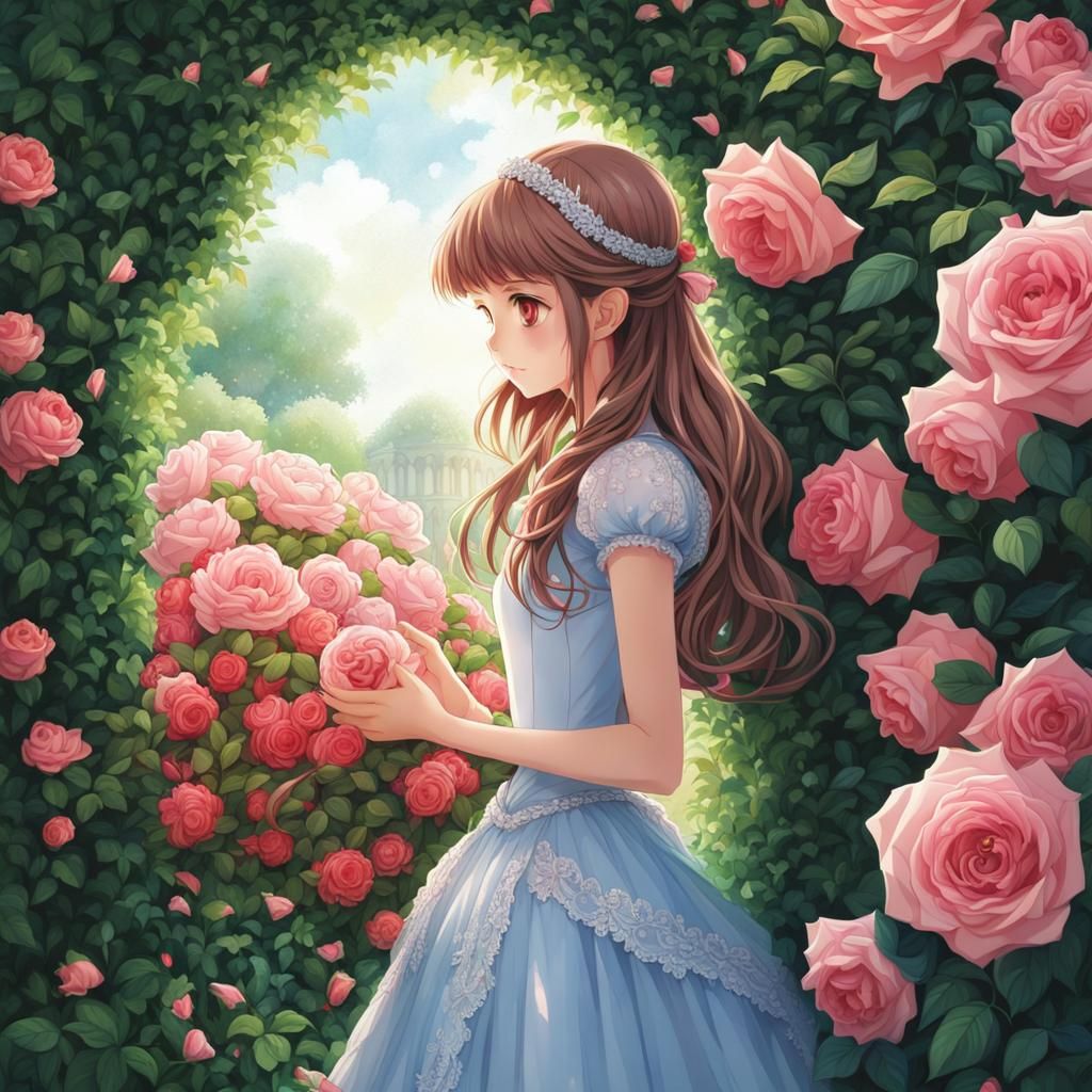 Anime Princess Hiding Behind Rose Hedge