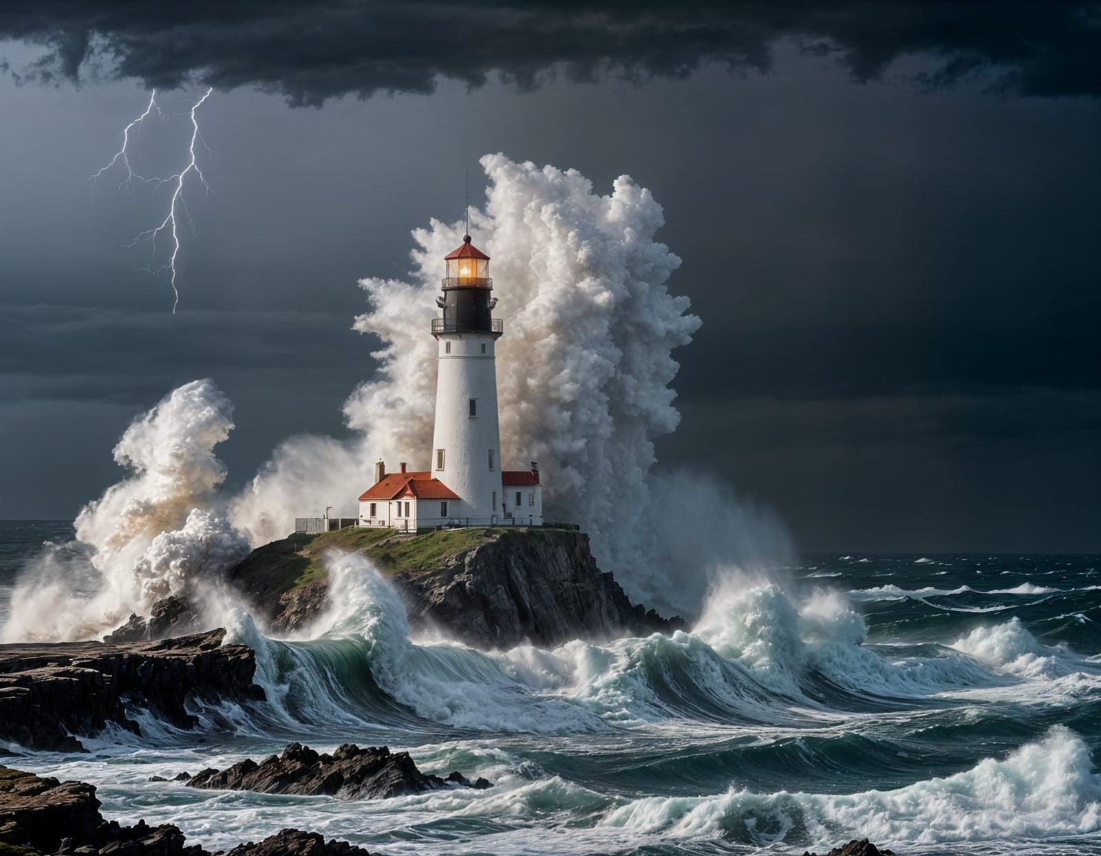 Lighthouse Enduring a Fierce Ocean Storm