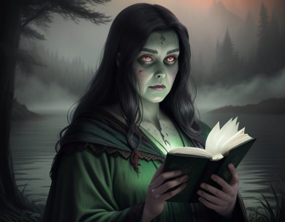 Zombie Mage Reading by Lake: Graphic Novel Illustration