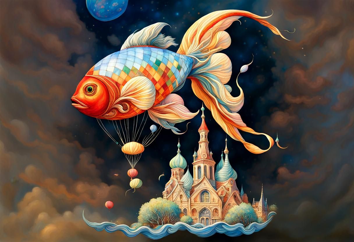 Balloon Fish Flies Above City in Art Nouveau Style