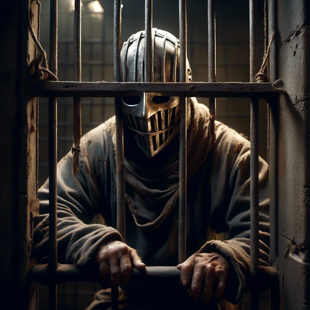 Hyperrealistic Man in Iron Mask Begs in Dungeon