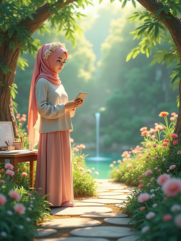 Pastel Hijab Woman in Kawaii Forest Garden