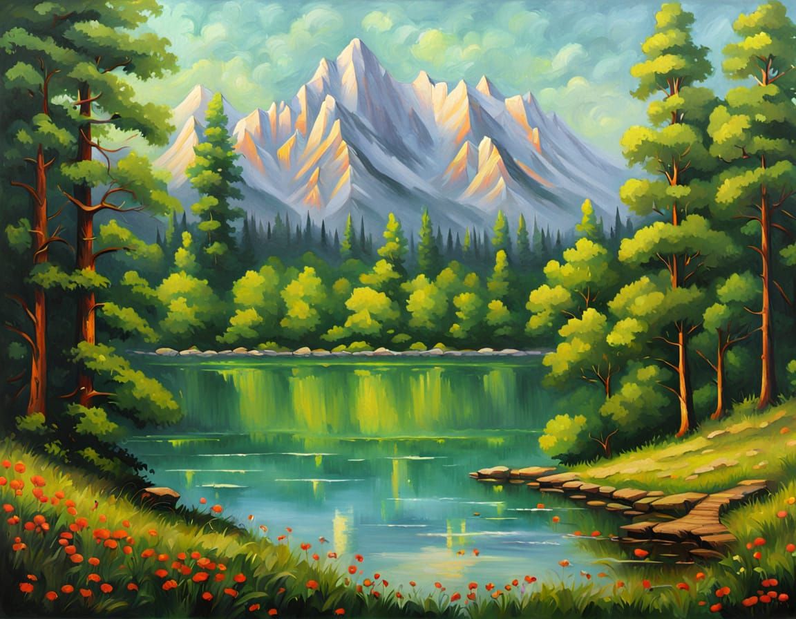 Summer Camping in Mountains: Byzantine Gothic Oil Painting