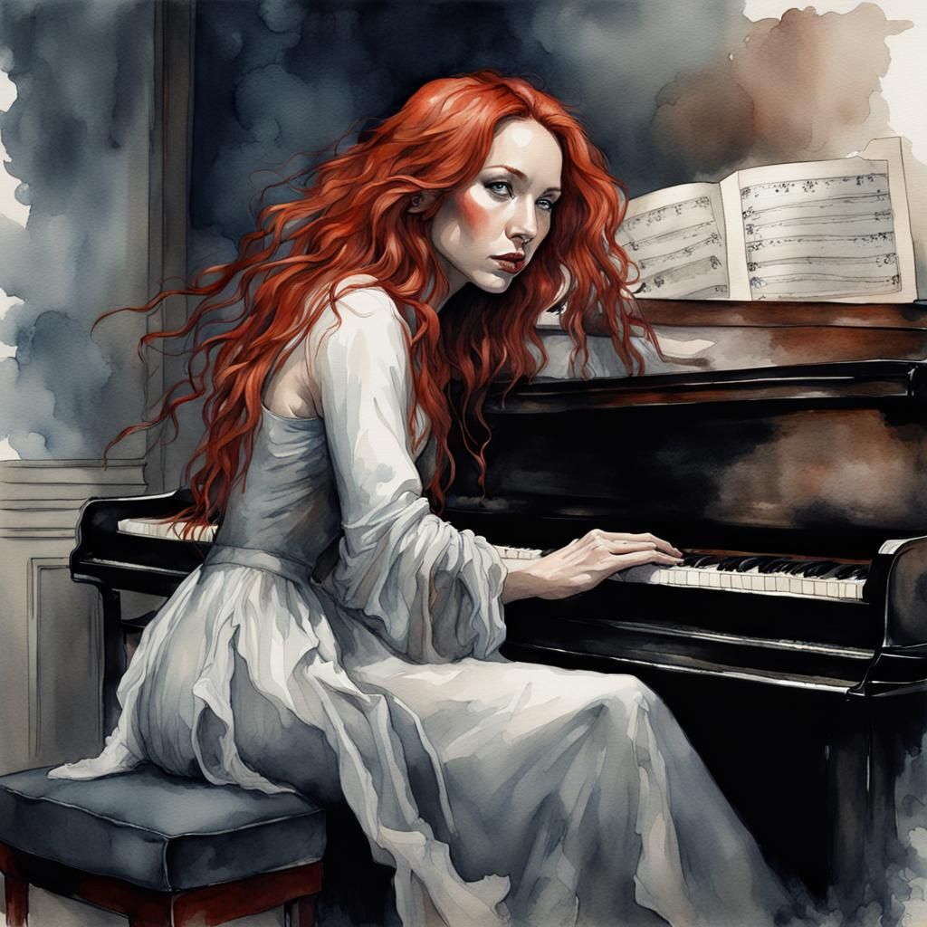 Watercolour of Woman with Red Hair at Piano
