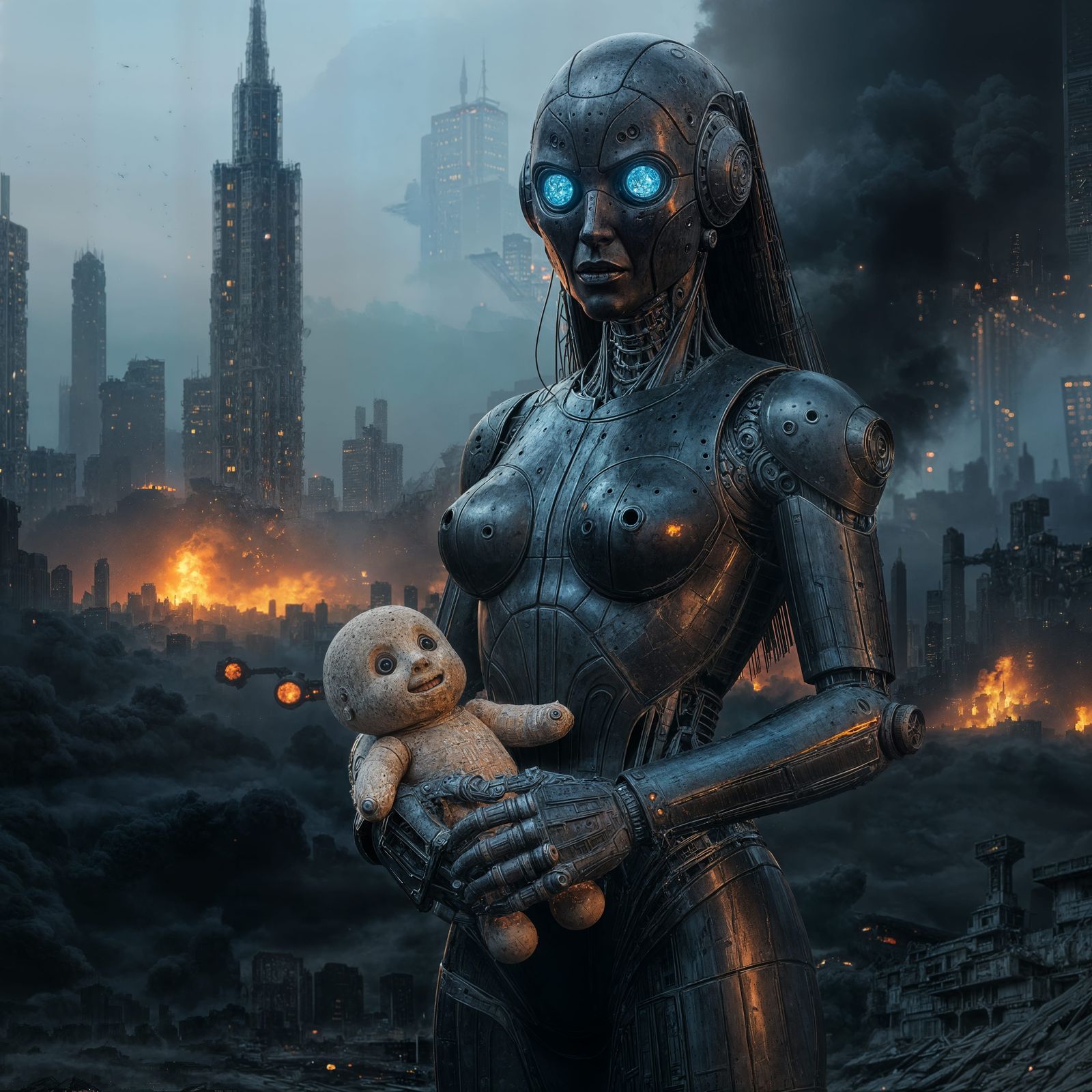 Dystopian City Ruins with Robot Guardian at Night