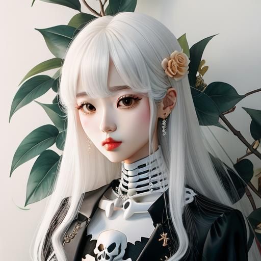 Manhwa Skeleton and Camellia Gouache Illustration