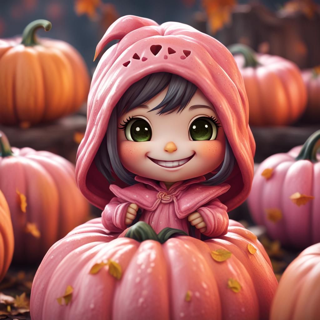 Hyperrealistic Pink Pumpkin Chibi Smiling Close-up