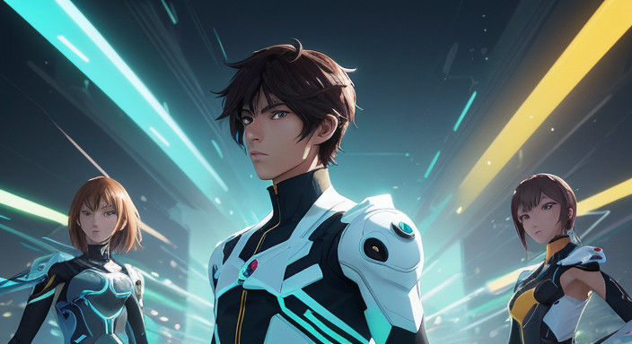 Handsome Anime Boy Amidst Adoring Girls in Futuristic Yellow...