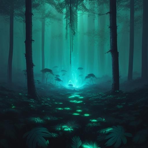 Fluorescent Spider Spinning Webs in Misty Forest