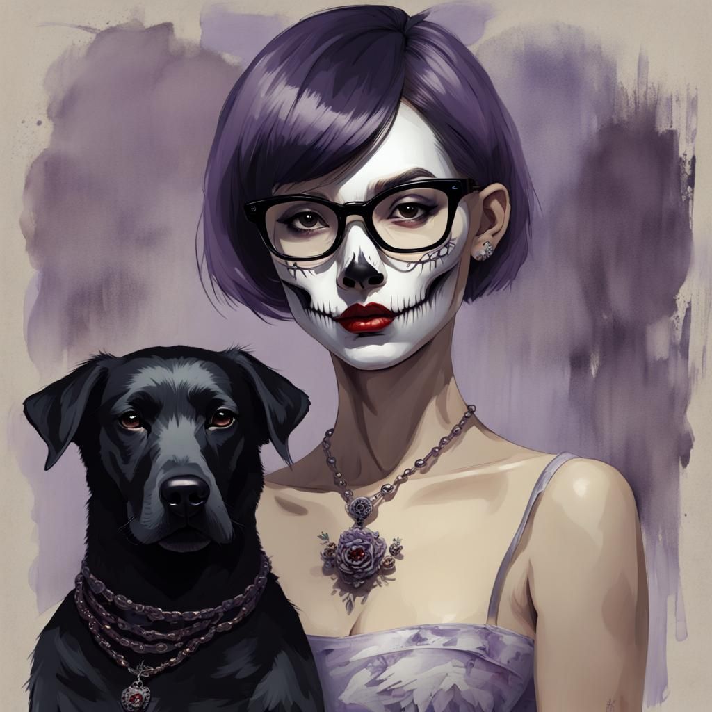 Lady Skull with Labrador in Dark Fantasy Style