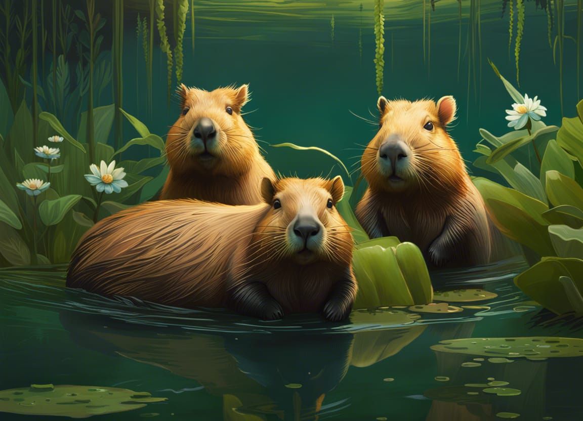 Capybaras Relaxing in a Pond: Photorealistic 8K Render