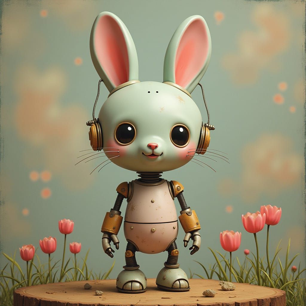 Whimsical Cybernetic Bunny in Dreamlike Vignette