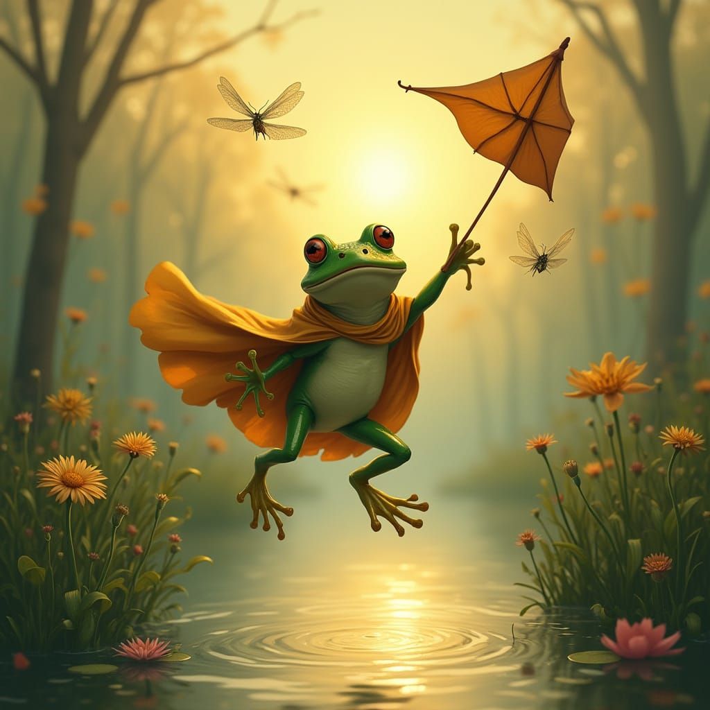 Frog in Whimsical Flight, Surrounded by Dragonflies and Butt...